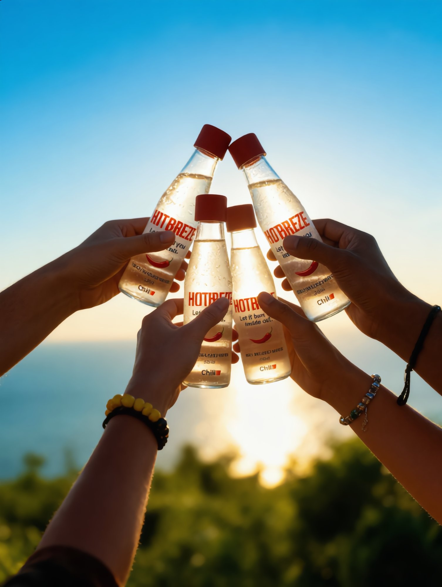 Friends clinking HOTBREEZE bottles at seaside sunset