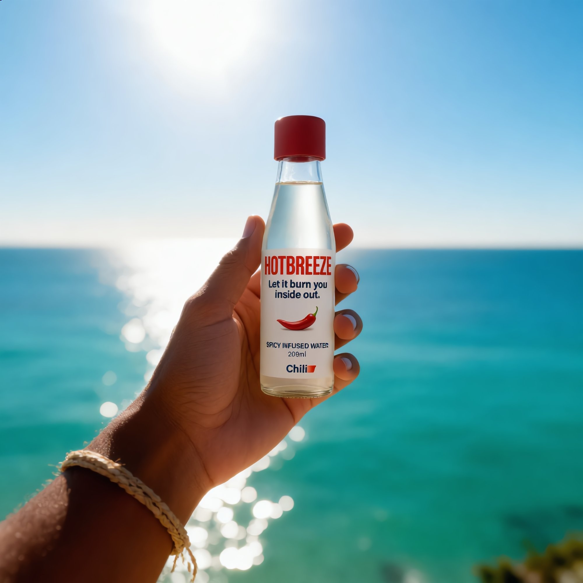 Hand holding HOTBREEZE against ocean