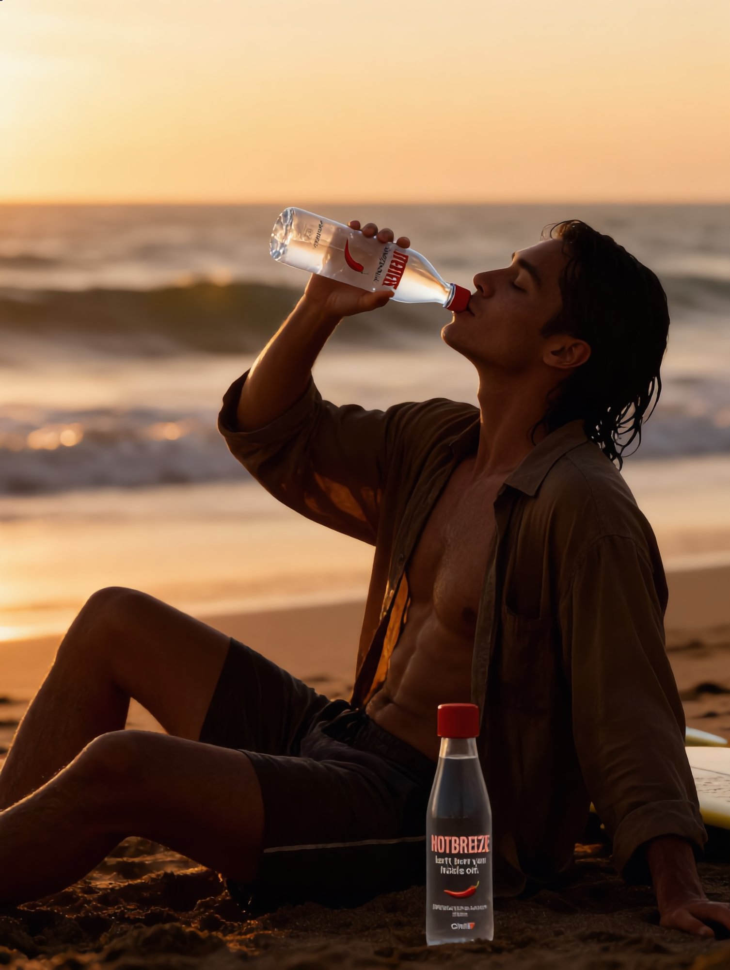 Surfer drinking HOTBREEZE on beach at sunset