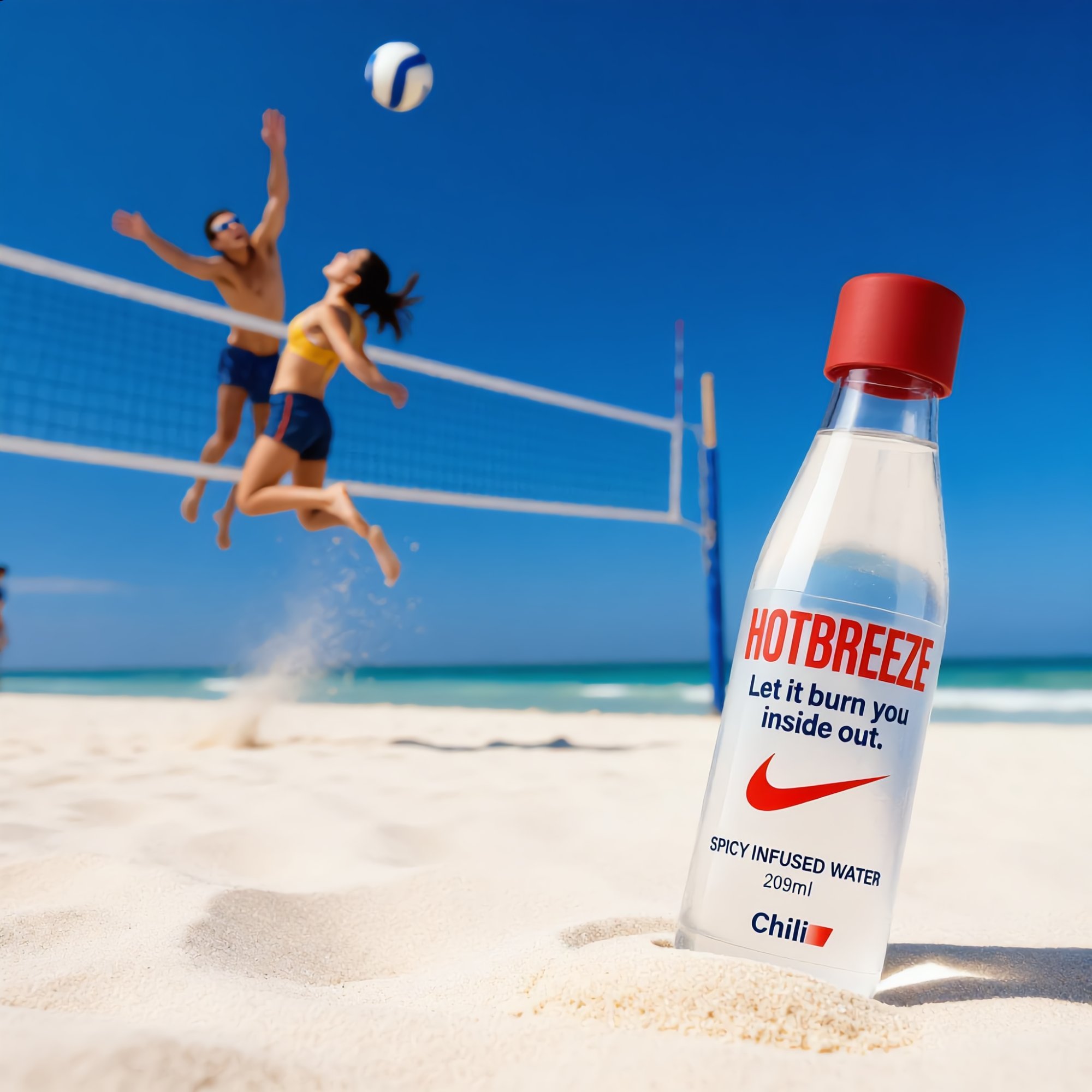 Beach volleyball match with HOTBREEZE bottle in sand